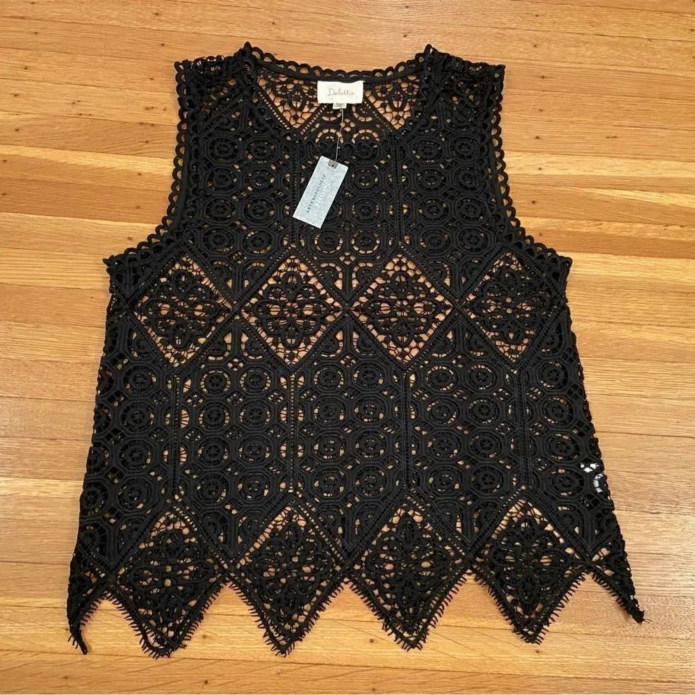Deletta Anthropologie Petites black open knit tank top NWT